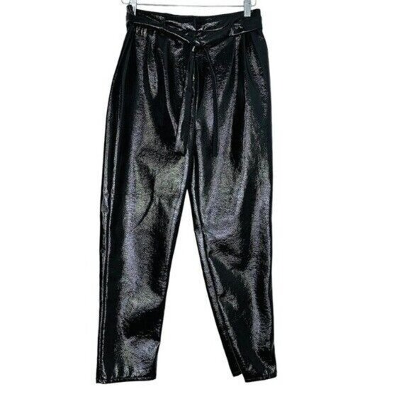 WHO What Wear High Waisted Belted Shiny Faux Leather Black Pants Size 2 - Picture 1 of 10